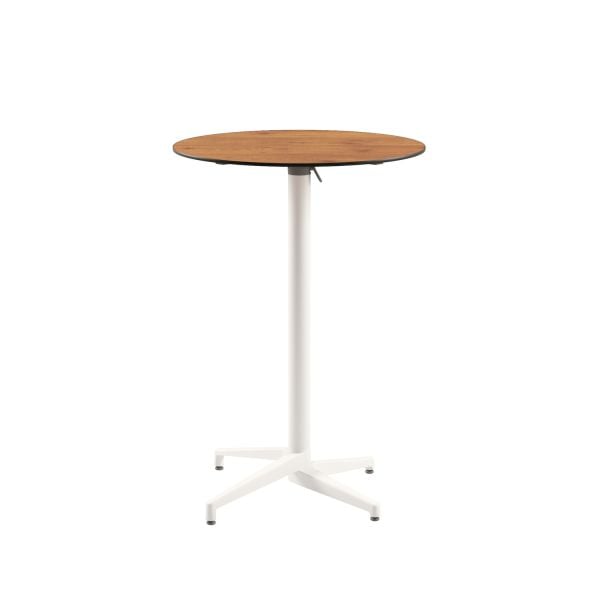 Compact Paslanmaz Katlanır Bahçe Bar Masası – 77 cm Yuvarlak Beyaz Laminat Üst, Novecento Ahşap Desenli, Dayanıklı ve Modern Bistro Bar Masası