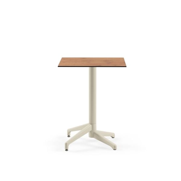 Compact Paslanmaz Novecento Cafe Masası - 60x60 cm Kare, Bej Ayaklı, Ahşap Desenli Laminat Üst, Dış Mekan Kullanımı İçin Dayanıklı