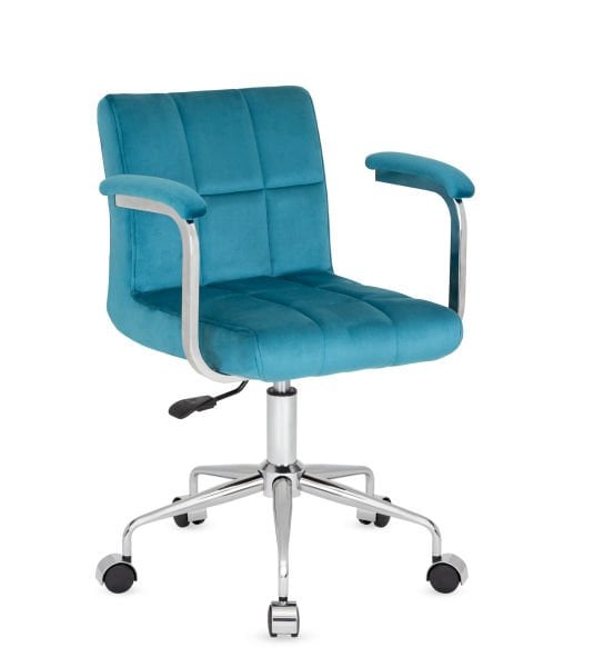 Soft Kollu Küçük Ofis Çalışma Sandalyesi – Mavi Kumaş, Poliüretan Sünger, Ergonomik Tasarım, Krom Ayak, Amortisörlü ve Tekerlekli Ofis Sandalyesi
