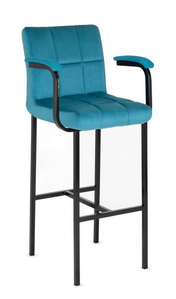 Soft Modern Siyah Metal Ayaklı Mavi Kumaş Kollu Mutfak Bar Sandalyesi - Ergonomik, Şık, Dayanıklı Tasarım, Kafe ve Restoran Kullanımı İçin İdeal, Ücretsiz Kargo