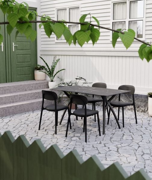 Siyah Antrasit Bahçe Masa Sandalye Takımı – 4 Sandalye + 120x77 Compact Masa | Dış Mekan İçin Şık ve Dayanıklı Takım