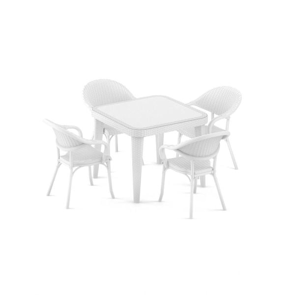 Bahçe Mobilyası Beyaz Rattan Dış Mekan Masa ve Sandalye Takımı - 4 Kişilik Kare 90x90 cm