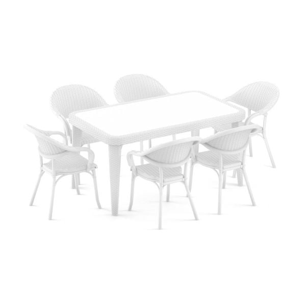Beyaz Bahçe Masa ve Sandalye Takımı - 6 Kişilik Dikdörtgen 150x90 cm - Otel, Restoran, Cafe ve Ev Bahçeleri İçin İdeal Dış Mekan Mobilyaları