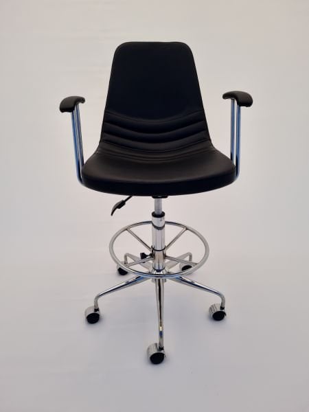 Tekerlekli Siyah Deri Kollu Bar Sandalyesi Amortisörlü