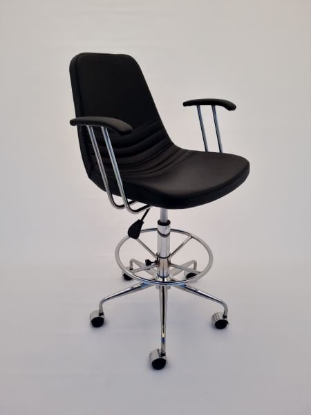 Tekerlekli Siyah Deri Kollu Bar Sandalyesi Amortisörlü