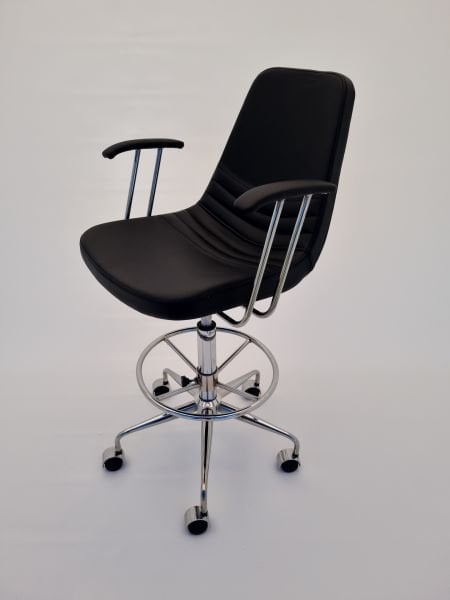 Tekerlekli Siyah Deri Kollu Bar Sandalyesi Amortisörlü