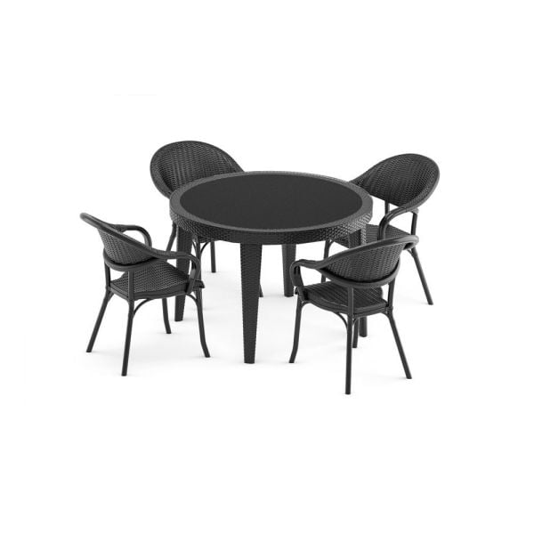 Siyah Yuvarlak Bahçe Masa Sandalye Takımı - 4 Kişilik, 110 cm Çapında - Otel, Restoran, Cafe ve Açık Alanlar İçin İdeal