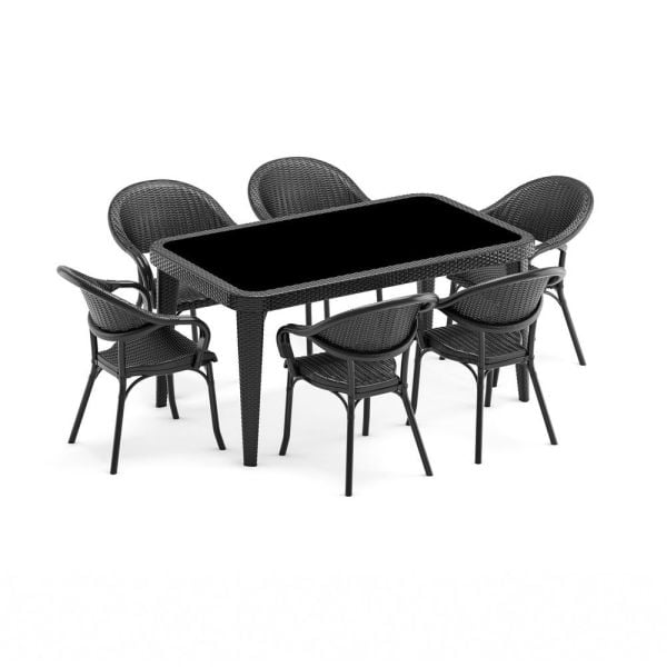 Siyah Rattan Plastik Bahçe Masa ve Sandalye Takımı - 6 Kişilik, Dikdörtgen 150x90 cm, Dış Mekan Mobilyası