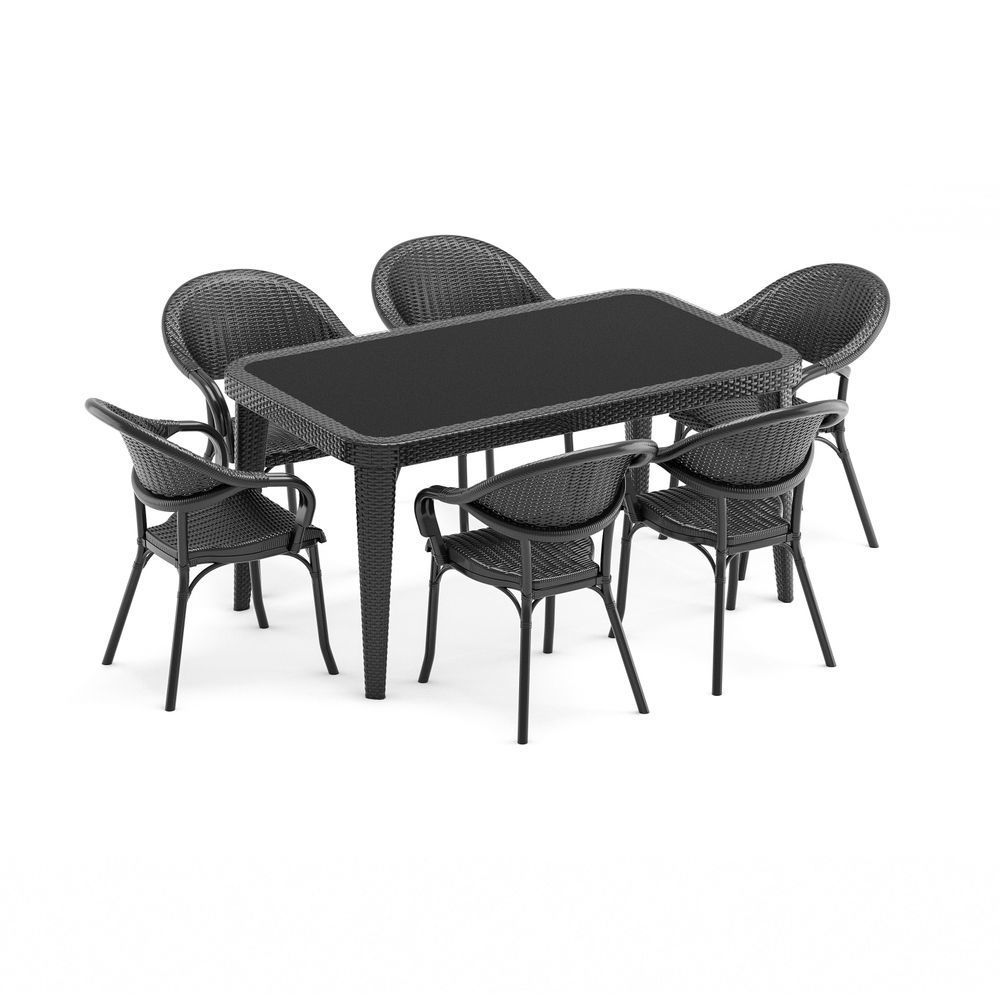 Siyah Dış Mekan Bahçe Masa ve Sandalye Takımı - 6 Kişilik Dikdörtgen 90x150 cm - İdeal Otel, Restoran, Cafe, Bahçe ve Ev Kullanımı İçin