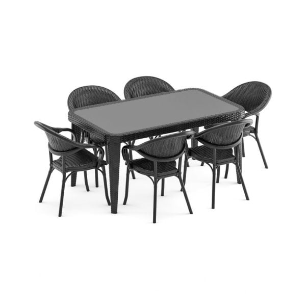 Siyah Rattan Plastik Bahçe Masa ve Sandalye Takımı - 6 Kişilik Dikdörtgen 90x150 cm - TSE Belgeli - Açık Hava Mobilyaları