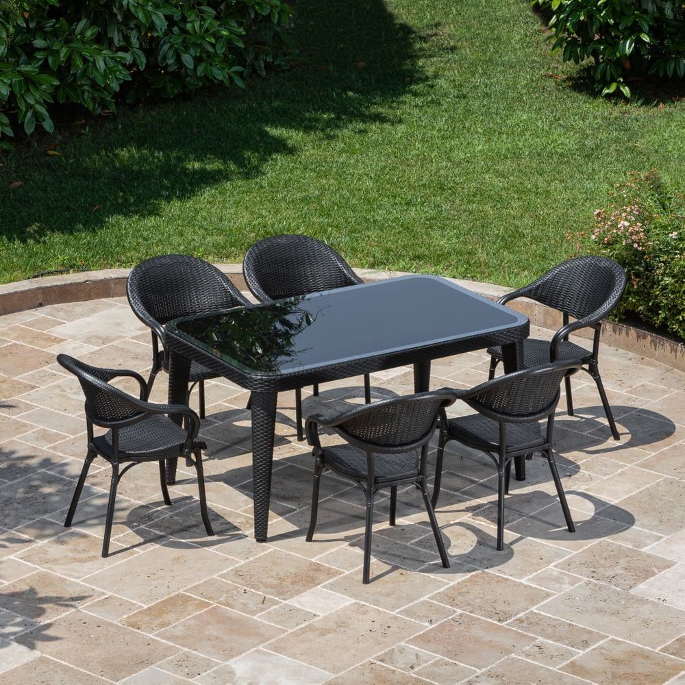 Bahçe Masası ve Sandalye Takımı - Siyah Rattan Plastik, 6 Kişilik, 90x150 cm
