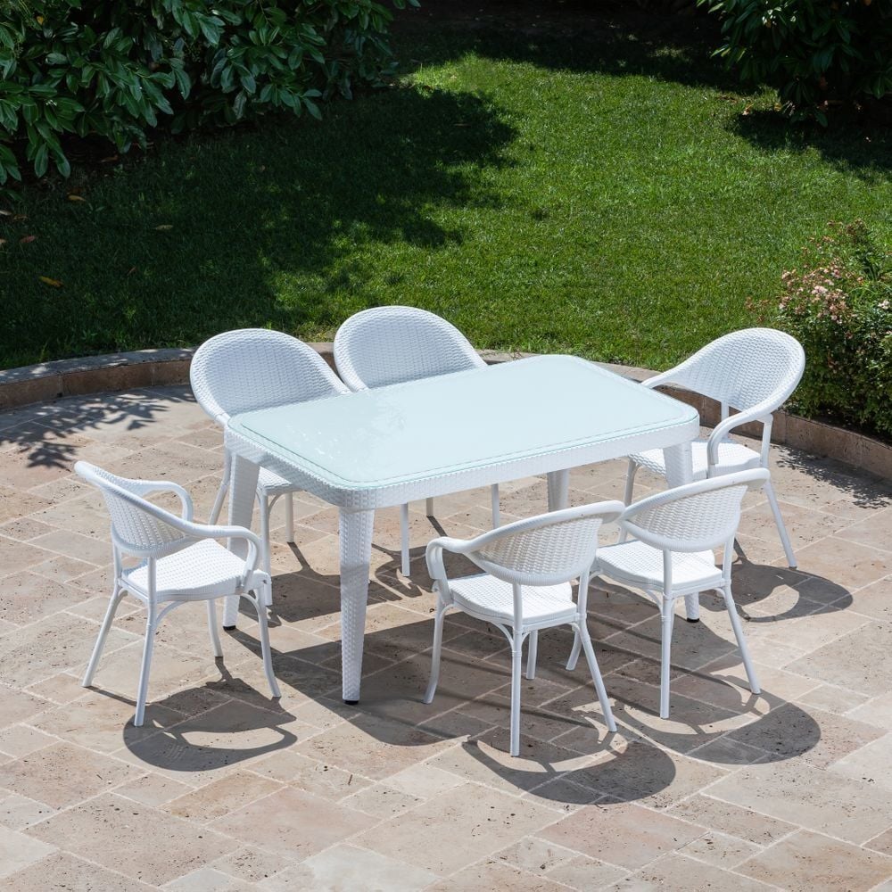 Beyaz Rattan Bahçe Masa ve Sandalye Takımı - 90x150 cm Dikdörtgen, Otellerden Ev Bahçelerine Kadar Her Yer İçin Uygun!