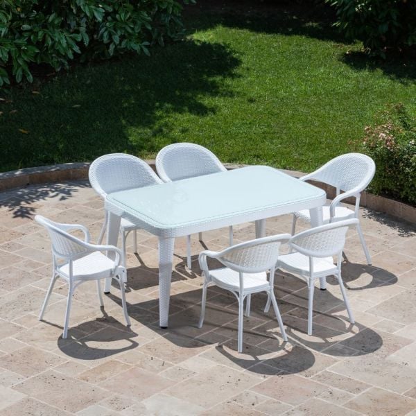 Beyaz Rattan Bahçe Masa ve Sandalye Takımı - 90x150 cm Dikdörtgen, Otellerden Ev Bahçelerine Kadar Her Yer İçin Uygun!