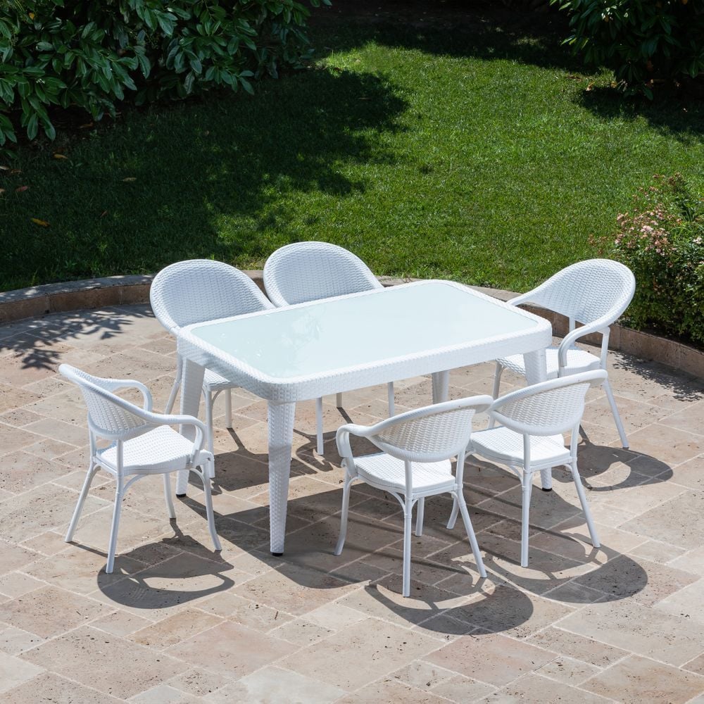 Bahçe Masası ve Sandalye Takımı - Beyaz, Dış Mekan, 6 Kişilik, 150x90 cm Dikdörtgen