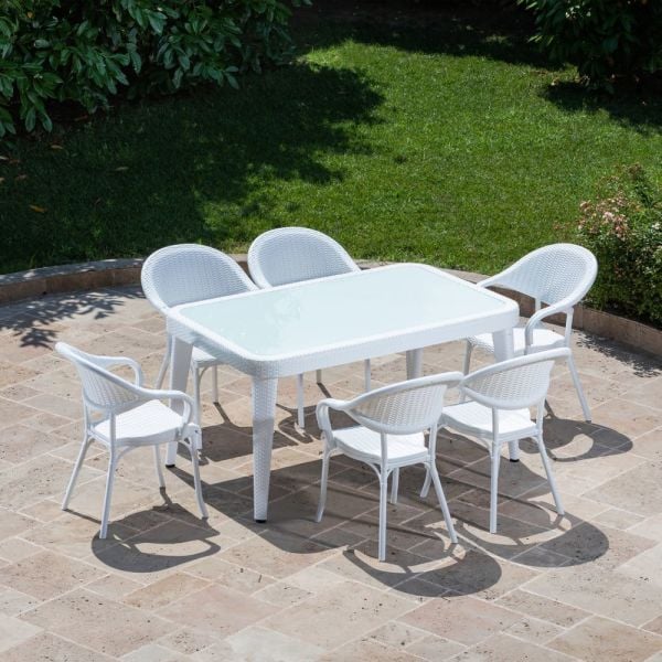 Bahçe Masası ve Sandalye Takımı - Beyaz, Dış Mekan, 6 Kişilik, 150x90 cm Dikdörtgen