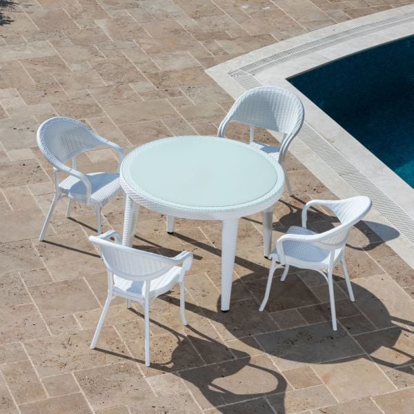 Beyaz Yuvarlak Bahçe Masa Sandalye Takımı - 4 Kişilik, 110 cm Çapında - Otel, Restoran, Cafe ve Ev Bahçesi İçin Ideal