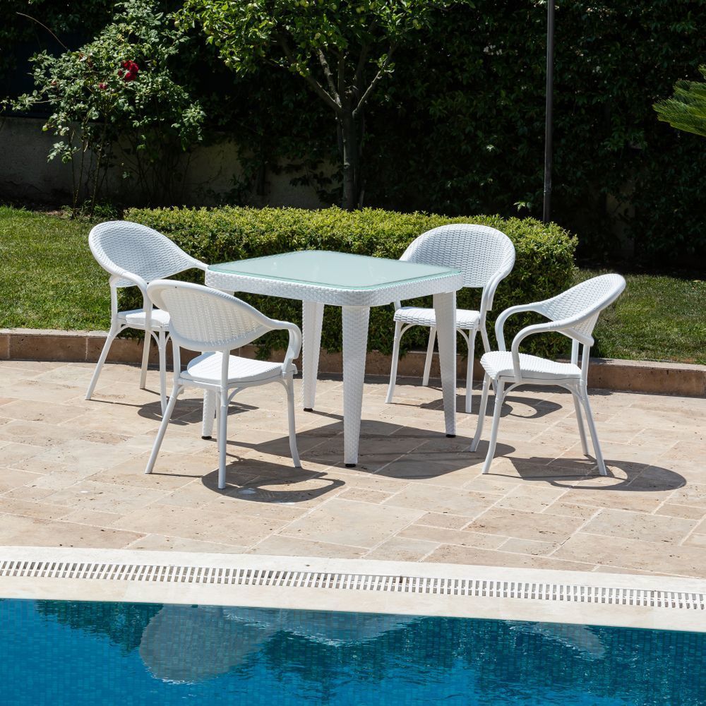 Beyaz Dış Mekan Bahçe Masa Sandalye Takımı - 4 Kişilik, Kare 90x90 cm - Otel, Restoran, Cafe ve Ev Bahçesi İçin Ideal