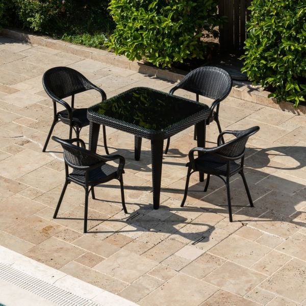 Siyah Dış Mekan Bahçe Masa Sandalye Takımı - 4 Kişilik, Kare 90x90 cm - Otel, Restoran, Cafe ve Ev Bahçesi İçin İdeal