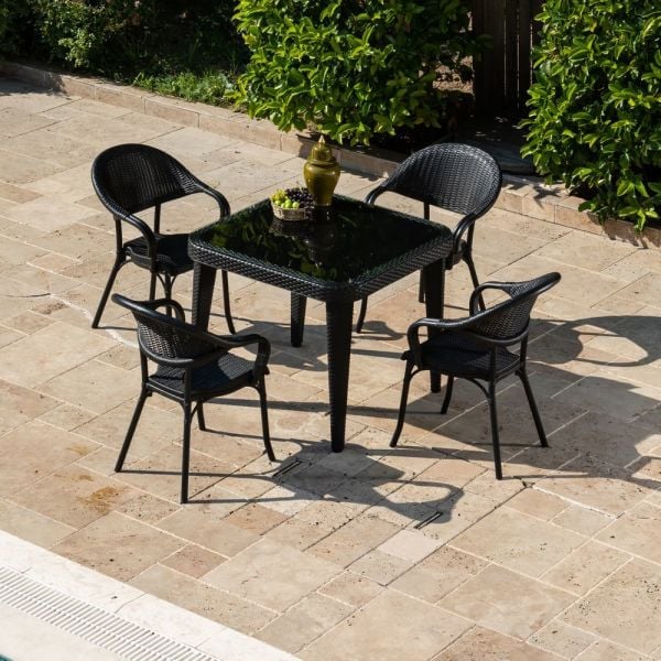 Siyah Bahçe Masa Sandalye Takımı: 4 Kişilik Kare 90x90 cm - Açık Hava Etkinlikleri ve İç Mekan Kullanımı İçin Ideal