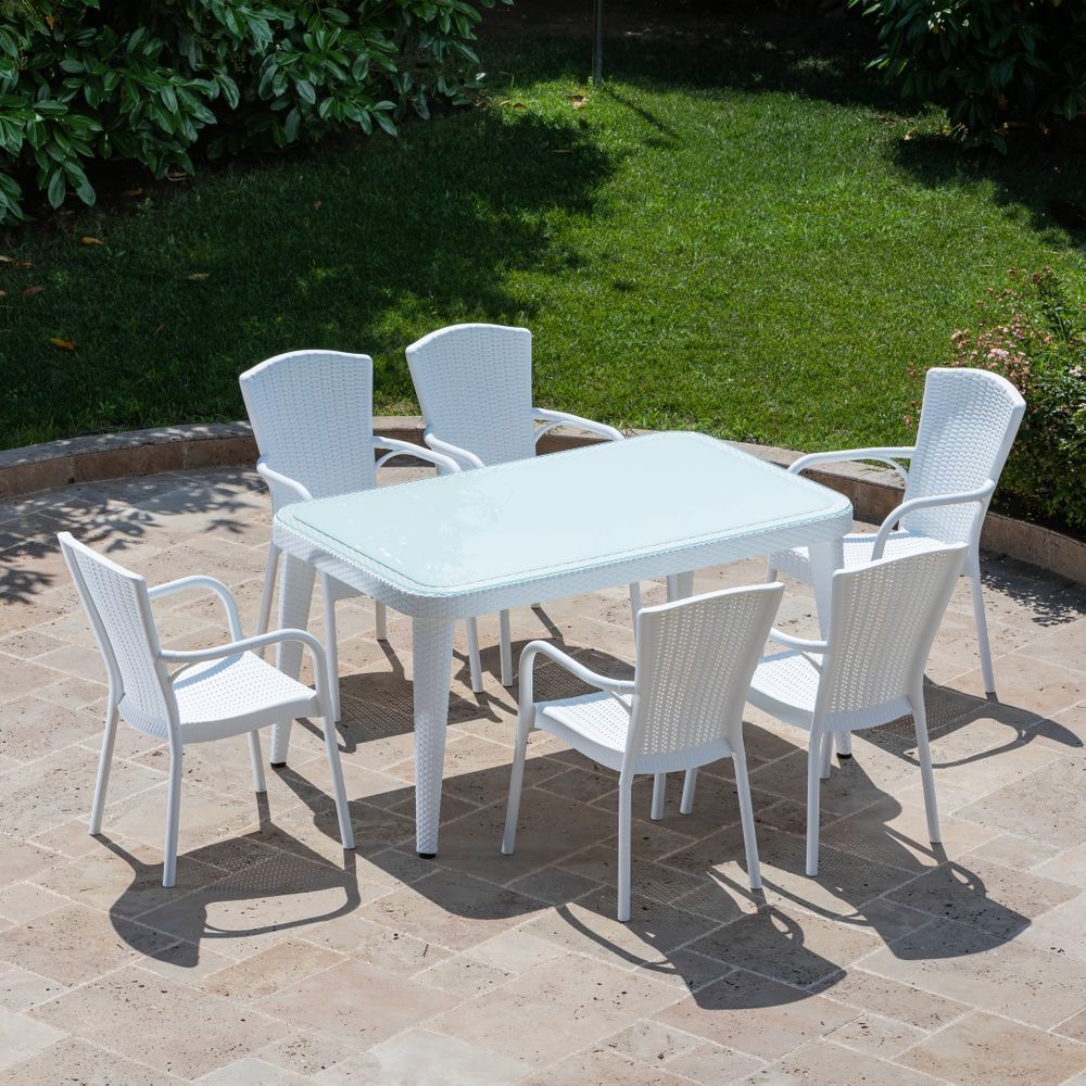 BEYAZ Bahçe Masa ve Sandalye Takımı - 6 Kişilik Dikdörtgen 150x90 cm - Açık Hava Mobilyaları