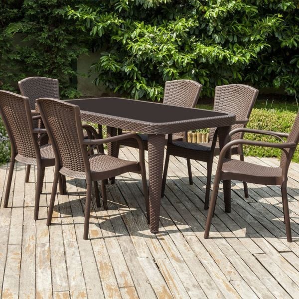 Venge Rattan Plastik 6 Kişilik 150x90.cm Dış Mekan Bahçe Masa Sandalye Takımı