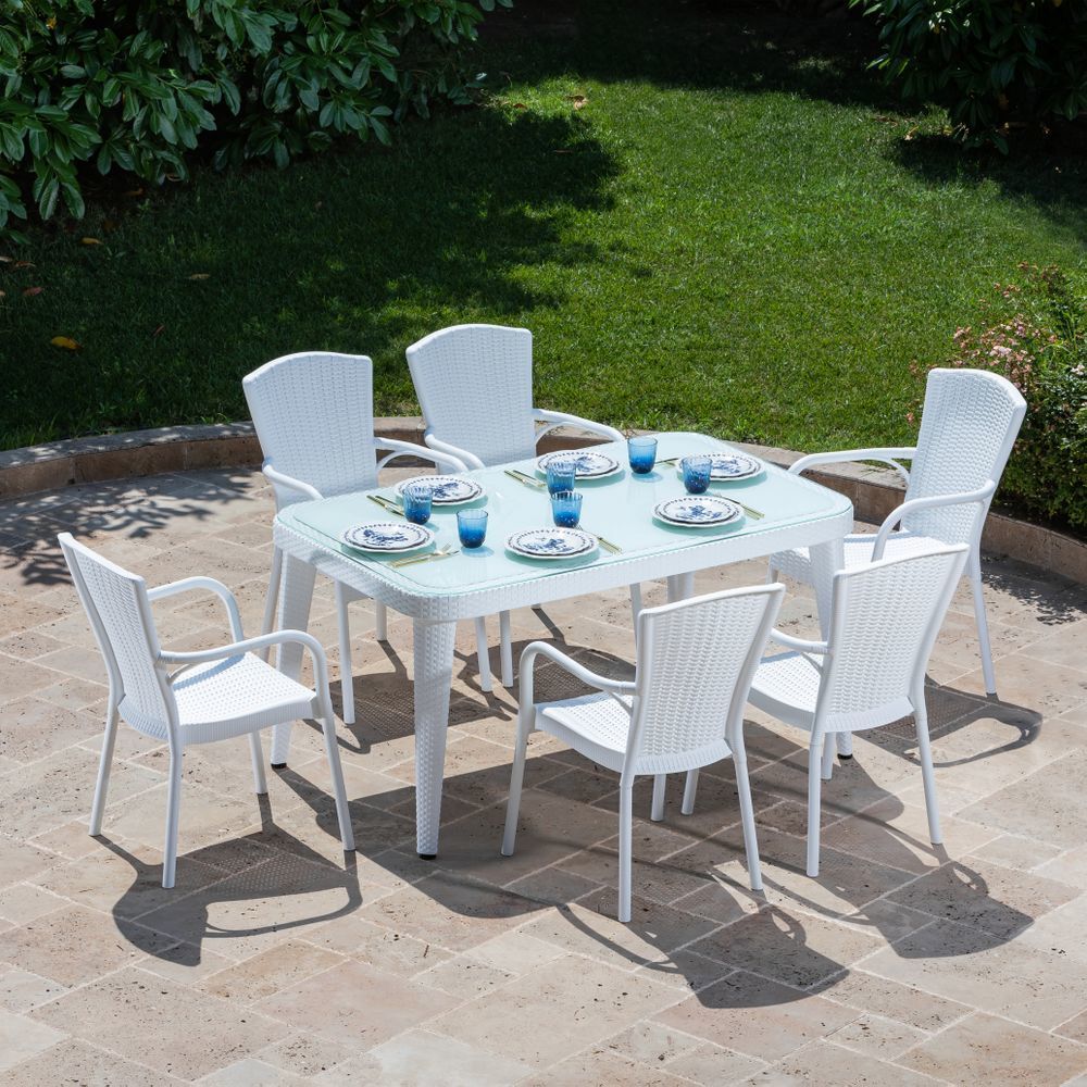 BEYAZ Bahçe Masa Sandalye Takımı - 6 Kişilik Dikdörtgen 150x90 cm - Otel Restoran Cafe Kafe Çay Bahçesi Balkon Teras Veranda Kır Düğünü Ev Bahçesi Havuz Başı Villa Bahçeleri İçin Açık Hava Masa Sandalye Takımı