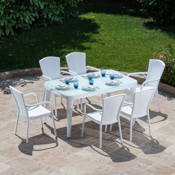 BEYAZ Bahçe Masa Sandalye Takımı - 6 Kişilik Dikdörtgen 150x90 cm - Otel Restoran Cafe Kafe Çay Bahçesi Balkon Teras Veranda Kır Düğünü Ev Bahçesi Havuz Başı Villa Bahçeleri İçin Açık Hava Masa Sandalye Takımı