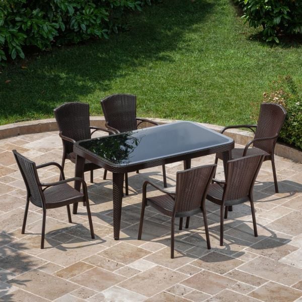 Venge Renkli 6 Kişilik 90x150 cm Dikdörtgen Ev Bahçeleri Havuz Kenarı Otel Restaurant Cafe Bahçe Masa Sandalye Takımı