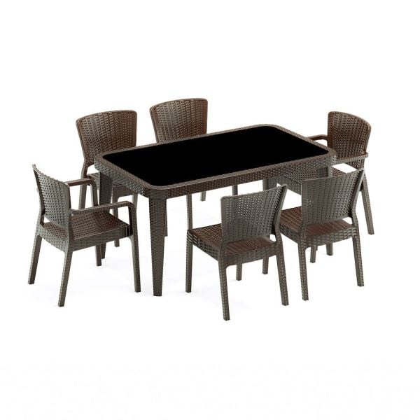Dış Mekan Bahçe Masa ve Sandalye Takımı Venge Rattan Plastik 2 Kollu Sandalye 4 Kolsuz Sandalye 1 Adet 150x90 cm Dikdörtgen Takım Seti