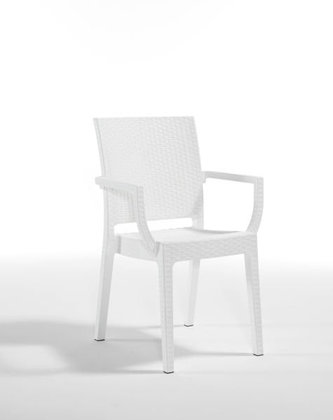 Beyaz Rattan Desenli Kollu Plastik Bahçe Sandalyesi