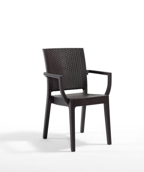 Kahverengi Rattan Desenli Kollu Plastik Bahçe Sandalyesi