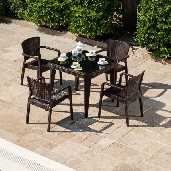 Venge Rattan Plastik Dış Mekan Bahçe Masa Sandalye Takımı 4 Kişilik Kare Set