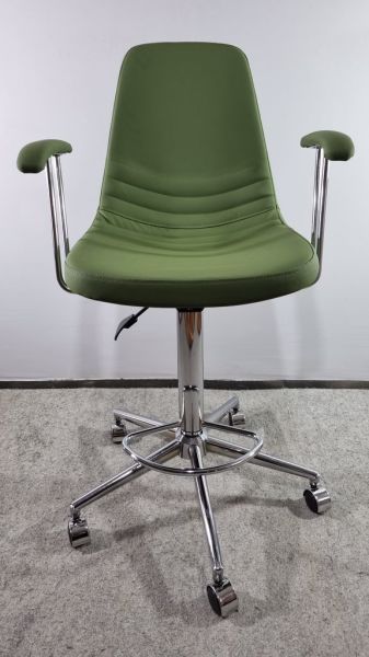 Metal Krom Tekerlekli Yeşil Deri Rahat Kollu Bar Sandalyesi