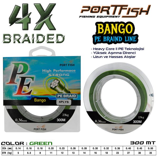 Portfish Bango 4 Kat İp Misina 300 mt Yeşil
