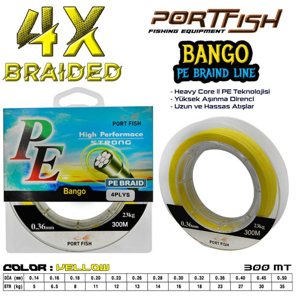 Portfish Bango 4 Kat İp Misina 300 mt Sarı