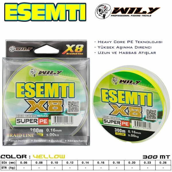 Wily Esemti 8 Kat İp Misina 300 mt Sarı