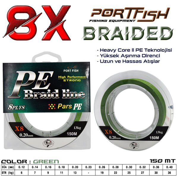 Portfish Pars 8 Kat İp Misina 150 mt Yeşil