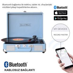 *ÜCRETSİZ KARGO Record Master ST14012 Pudra Mavi Retro Pikap Bluetooth ve Şarj Özellikli Retro Pikap 33, 45, 78 Devir