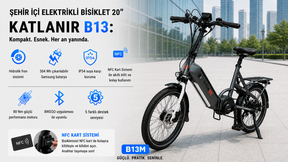 AsVIVA B13M 20 Jant Orta Motorlu Katlanabilir Elektrikli Bisiklet
