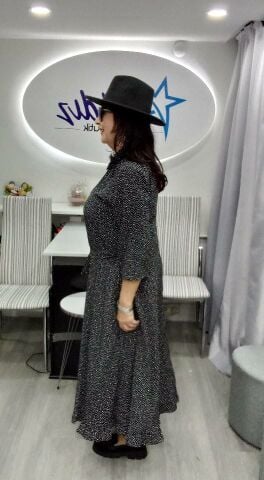 Siyah Beyaz Ufak Puantiyeli Uzun Kollu Krep Elbise