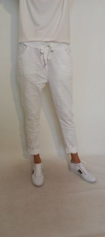 Beyaz Beli Lastikli Sterç Cotton Buruşuk Pantalon