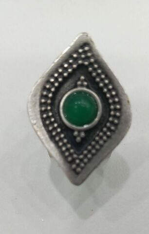 Gümüş Rengi Elips  Model  Yeşil  Osmanlı Motifli Ayarlı Yüzük