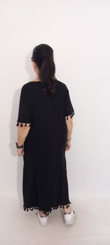 Büyük Beden  Siyah Cotton  Püsküllü  Kısa Kollu Penye Elbise