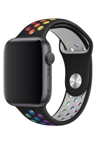 Apple Watch Uyumlu Delikli Silikon Kordon Siyah Gökkuşağı