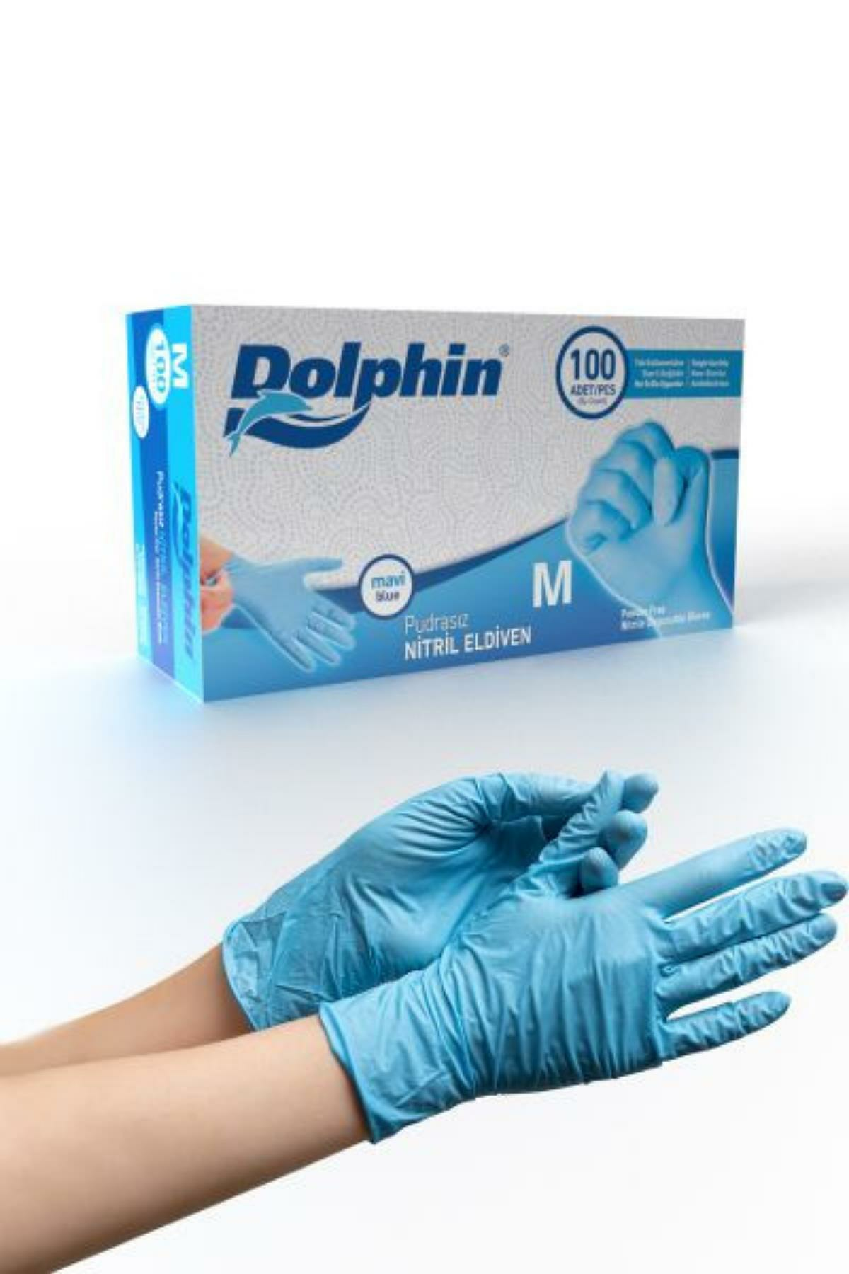 Dolphin Mavi Nitril Eldiven Pudrasız (M) 100'lü Paket