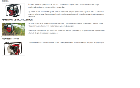 HONDA WB20 XT4 DRX Motopomp Benzinli SU MOTORU Su Pompası / 4 BG / 2” ÇIKIŞ ÇAPI