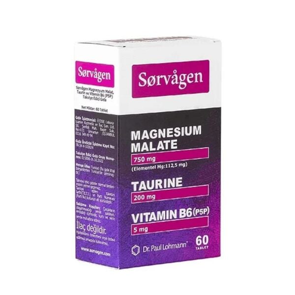 Sorvagen Magnezyum Malat, Taurin ve Vtiamin B6 İçeren Takviye Edici Gıda 60 Tablet