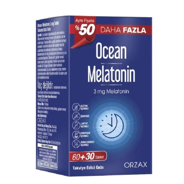 Orzax Ocean Melatonin 3 mg Melatonin Takviye Edici Gıda 60+30 Tablet