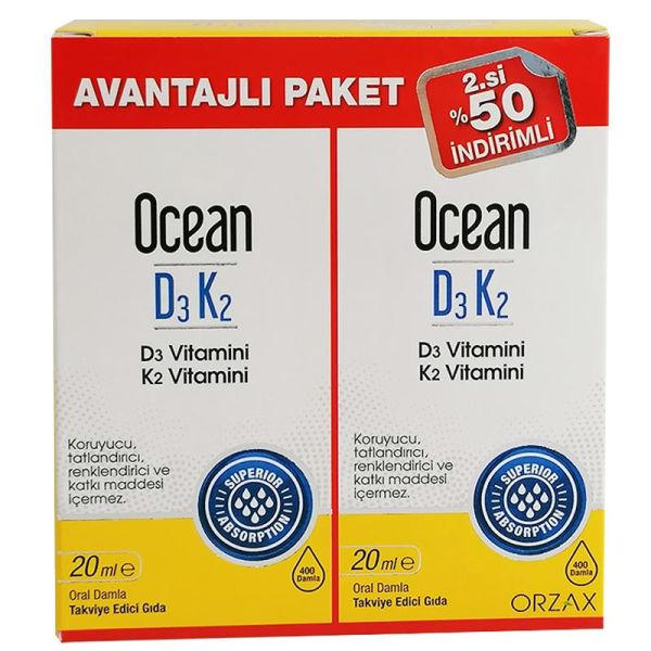 Orzax Ocean Vitamin D3K2 Damla 20 Ml 2'li Avantaj Paket