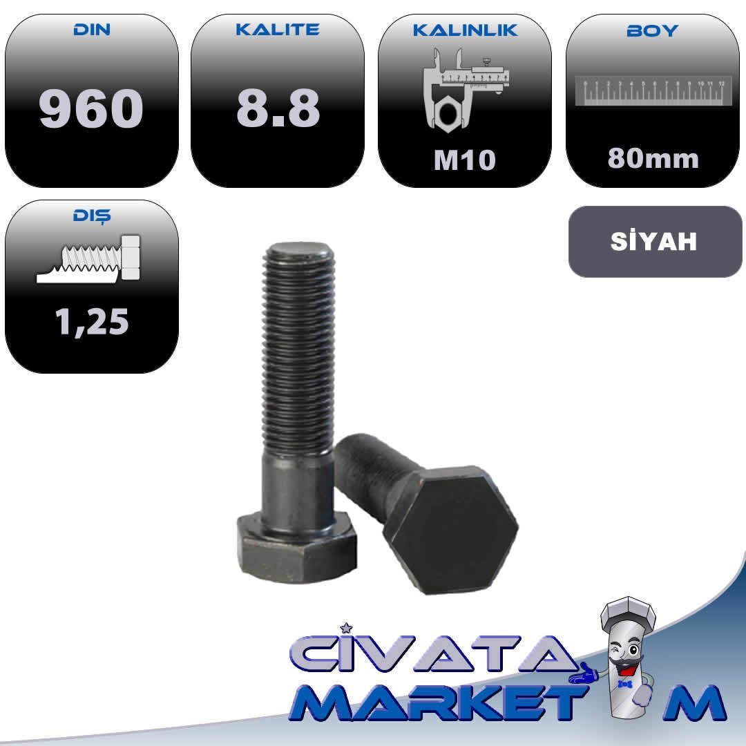 M10*80 ANAHTAR BAŞ İNCE DİŞ 1,25 YARIM PASO CİVATA 8,8